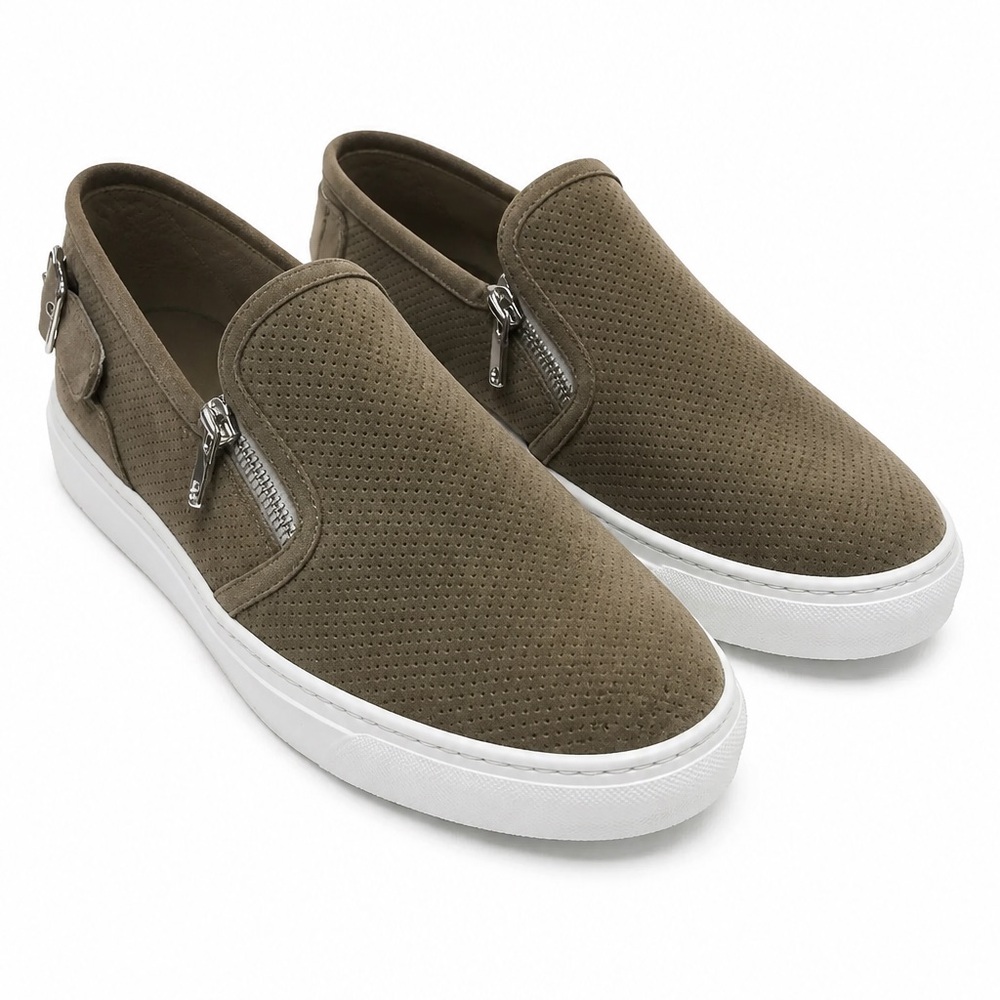Doucal’s Men's Slip-On Soft Suede Loafers in Olive with Side Zippers - Picture 3 of 8